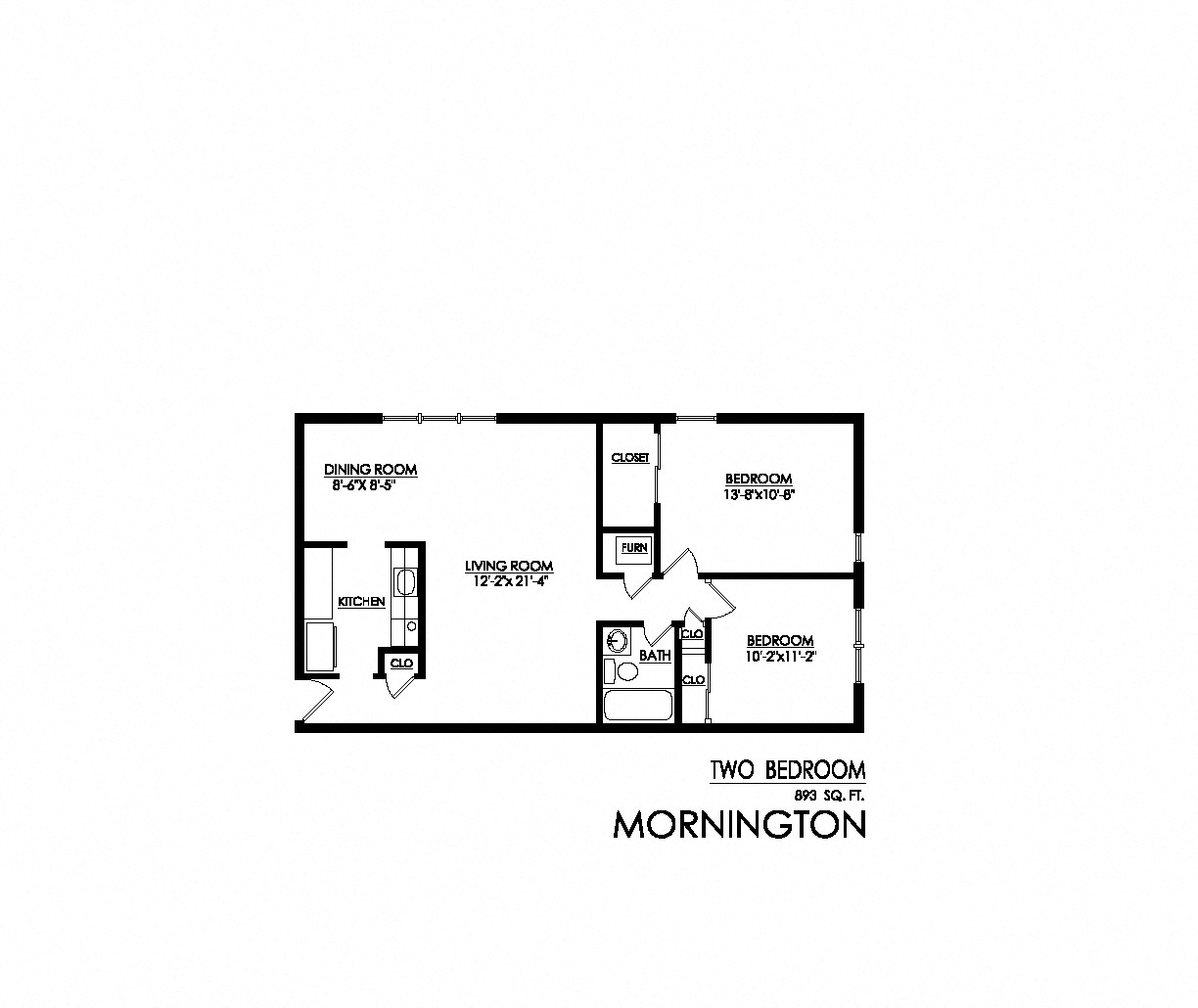 Floor plan for 2 beds, 1 bath, 893 sqft